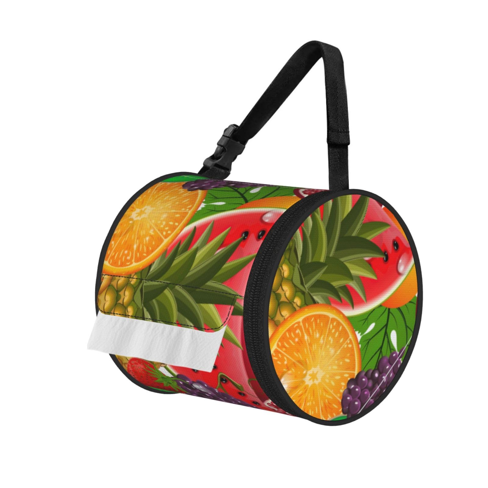 Fresh Fruits Pineapple Print Round Paper Tissue Holder With Shoulder Strap, Portable Roll Case For Caravan Travel Use