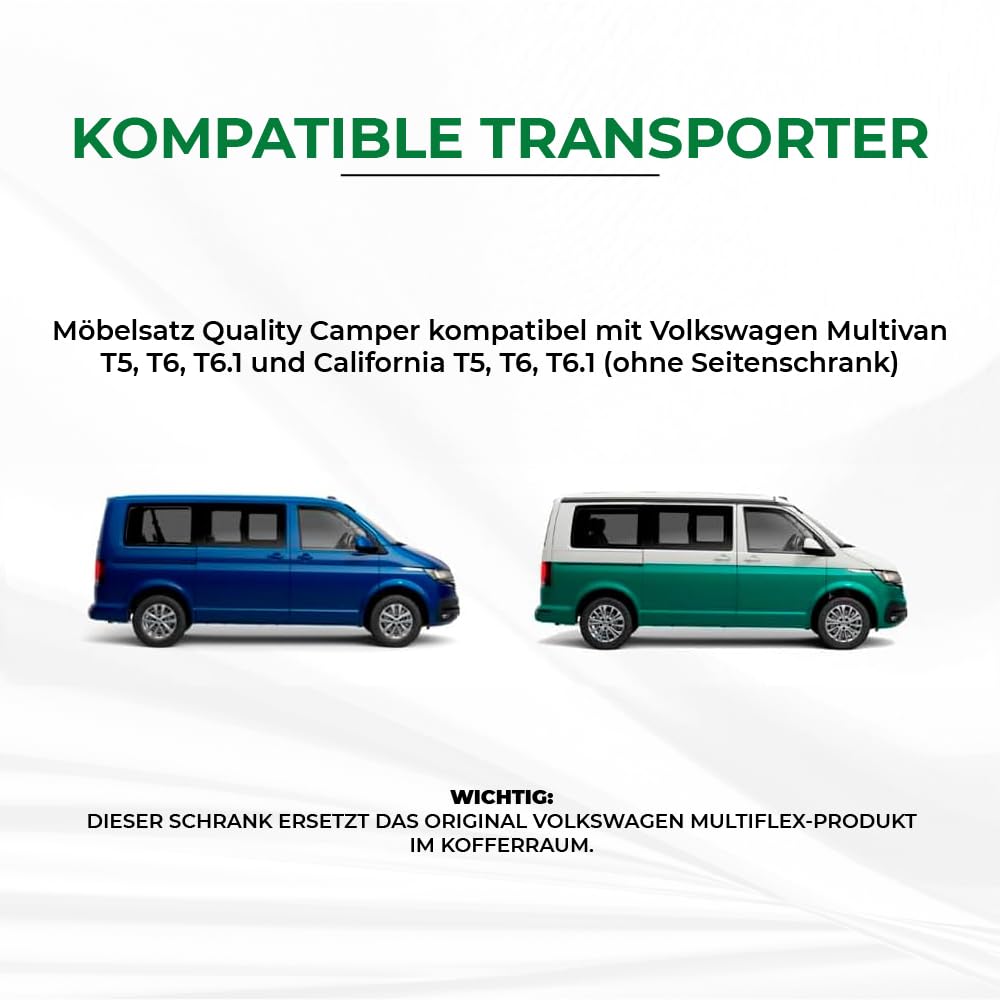 Campingbox für Van/Bus VW Multivan und California T5, T6, T6.1 inkl. Zubehör (Campingküche, Sitzplätze) und Matratze, Kit Campinboxen Abnehmbar Camper-Möbel-Set