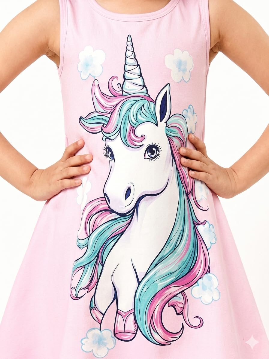 A.T.U.N. (ALL THINGS UBER NICE) Vestido para niña con estampado de unicornio, largo hasta la rodilla, elegante vestido tradicional de princesa para el día a día