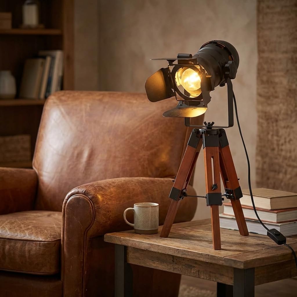 Alpinaluz Lámpara de Mesa Vintage Estilo Cine Industrial con Trípode de Madera Ajustable, Foco Negro Orientable y Casquillo E27 para Iluminación Interior en Salón y Dormitorio