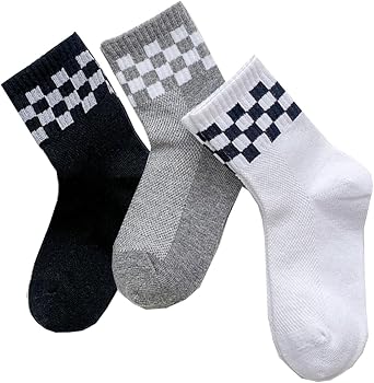 Kids Novelty Checkered Crew Socks, Cotton Anklet Socks for Toddler Little Big Boys Girls, 3/5 Pack, Size S-XXL