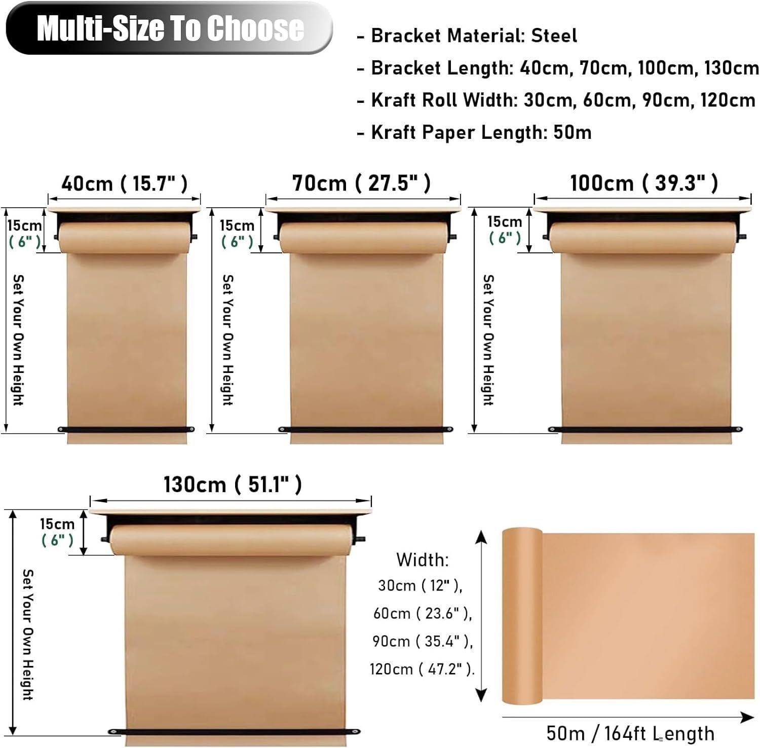 Metzger-Papierhalter und -schneider, Kraftpapierrollenspender mit 50 m Rolle, inklusive 130 cm Breite und Papier