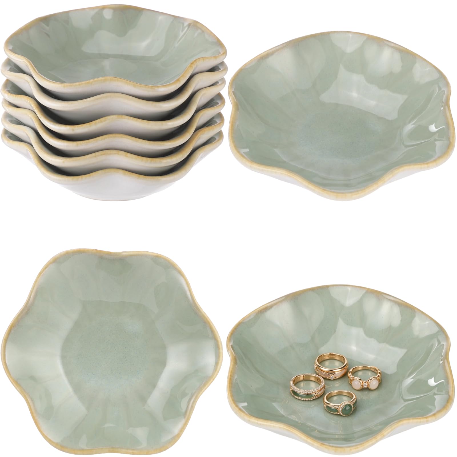 Keramik-Schmuckschalen, Lotusblatt-Ringschalen, kleine Schmucktabletts, grüne Töpferteller, goldfarbene Schmuckhalter, niedliche Schlüsselschalen für Nachttisch-Dekoration, 9 Stück
