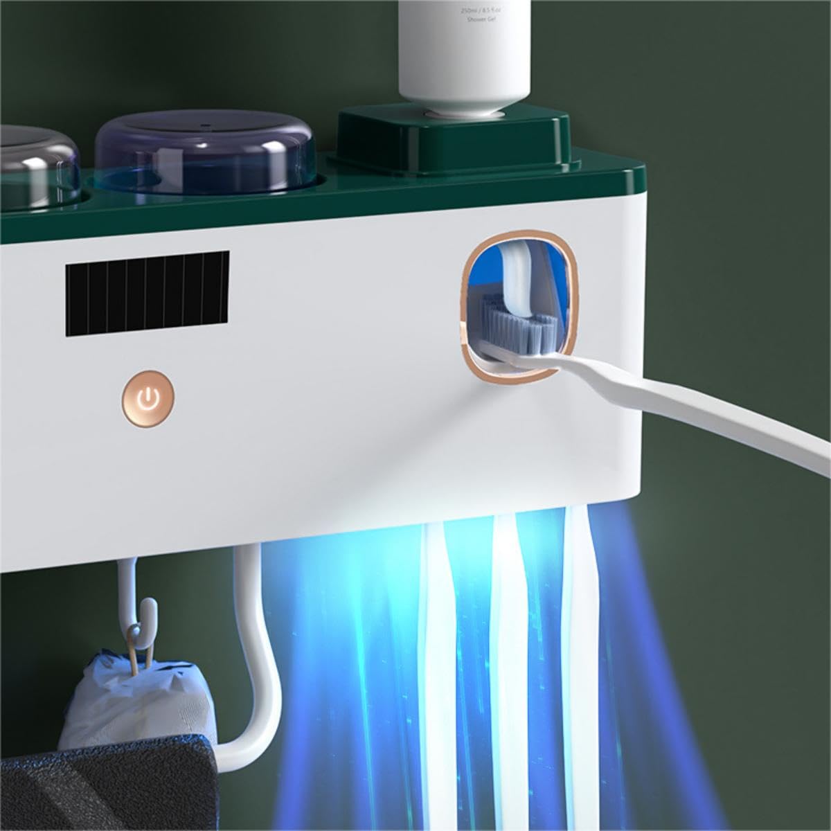 LANMOU Porta Cepillo de Dientes Pared, Dispensador Pasta Dientes Desinfectante para Cepillos de Dientes con UV Soporte para Cepillo Dientes Dispensador Automático Pasta de Dientes con Gancho y Tazas
