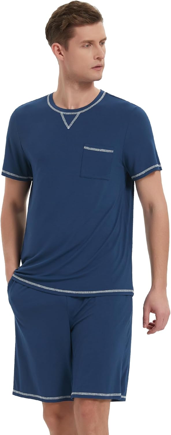 NACHILA Men's Pajamas Set -Viscose made from Bamboo,Cooling Sleepwear Raglan Top and Pajamas Shorts Soft Lounge Set