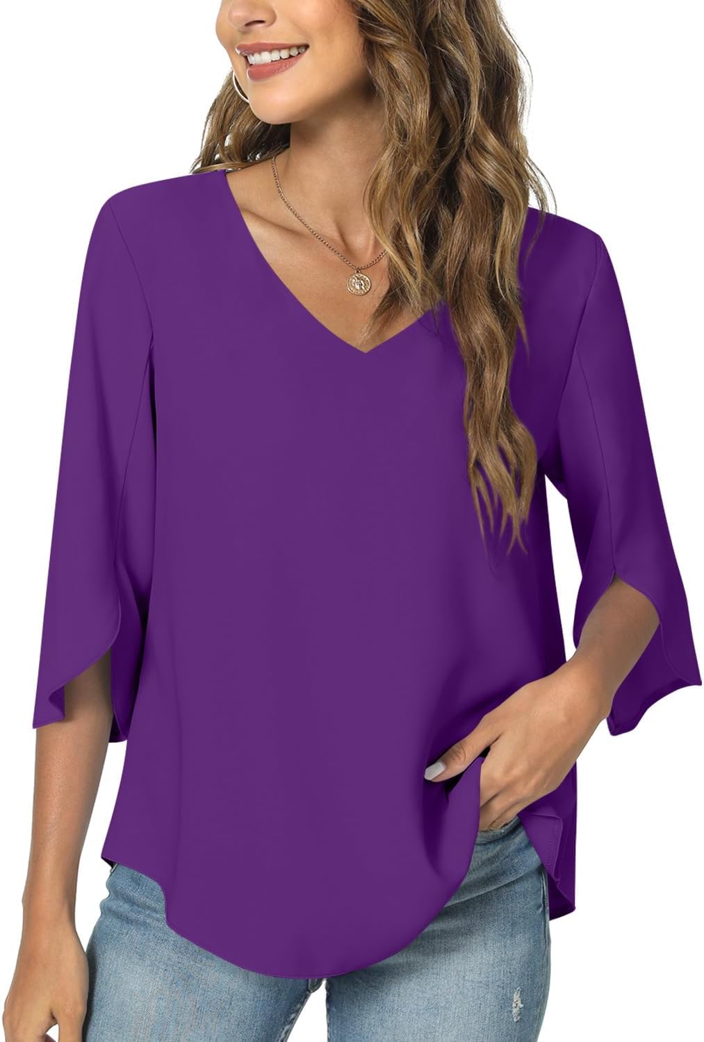 TAOHUADAO Womens 2026 Summer 3/4 Sleeve Tunic Tops Chiffon Work Blouse V-Neck Dressy Casual Shirt - Image 2