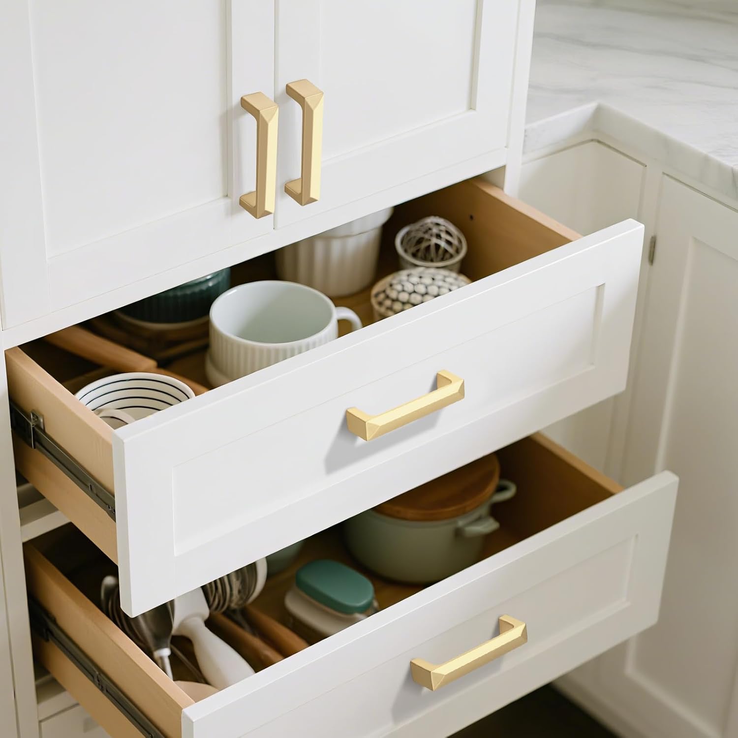 Gobrico 20 Pack 3 inch Hole Centers Cabinet Handles, Brushed Gold Kitchen Cabinet Pulls, Solid Zinc Alloy Drawer Pulls, 3-3/8" Total Length for Bathroom Cupboard