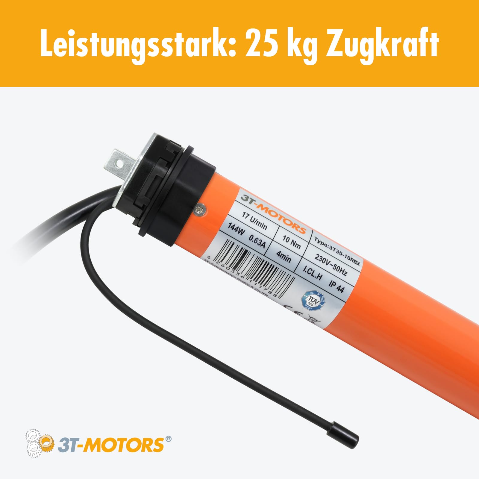 3T-MOTORS Funk-Rollladenmotor Komplettset mit Fernbedienung HSZ1, SW40 Welle 1,40 m, 3T35-10RBX (Zugkraft 10 Nm/25 kg) Rollladenantrieb mit elektronischen Endschaltern, bidirektional