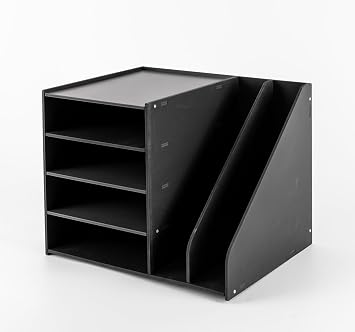 Modern 4+2 Tier File Organizer, Black PVC Desktop Book & Document Divider Rack, Detachable Tray, Large Capacity, For Office, Home, Classroom