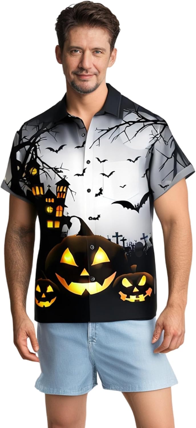 Mens Halloween Shirt Pumpkin Printed Hawaiian Bowling Short Sleeve Casual Button Down Holiday Shirts - Image 4