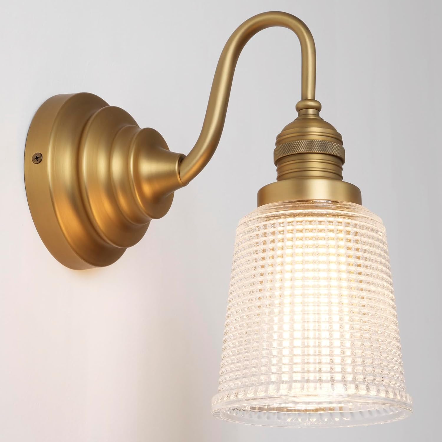 Vintage Wall Sconce Light Brass Gold Bathroom Vanity Light with Clear Corrugated Glass Shade Hardwire Wall Sconce Lamp for Bathroom Mirror Living Room Bedroom Kitchen Hallway Indoor