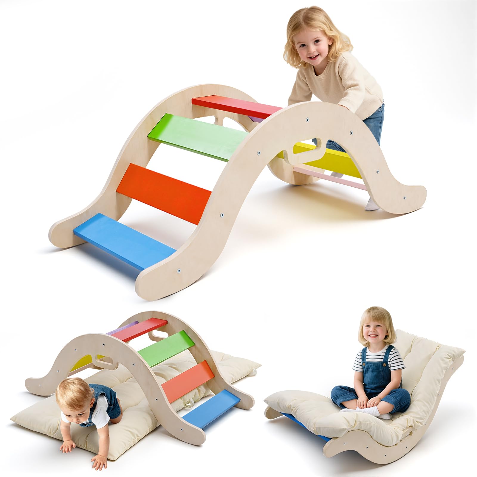 nmoiww Struttura da Arrampicata per Bambini 3 in 1, Scala da Arrampicata in Legno per Bambini con Cuscino Accogliente, Palestra da Gioco Montessori per Interni (Colorata-3 in 1)