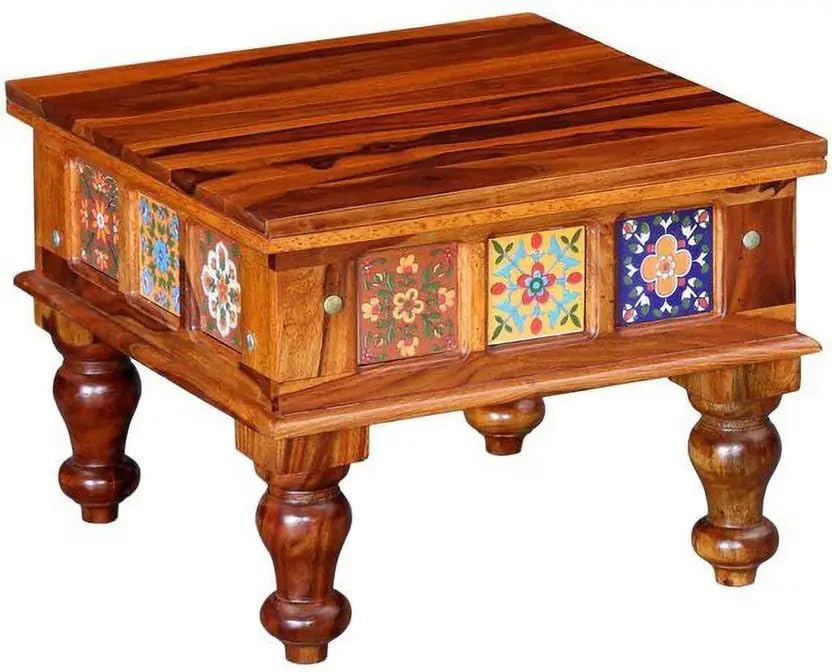 Image of Sheesham Wood Small Square Centre Coffee Table for Living Room | Centre Table for Drawing Room, Office & Home | Multicolour Tiles Design| Honey Finish