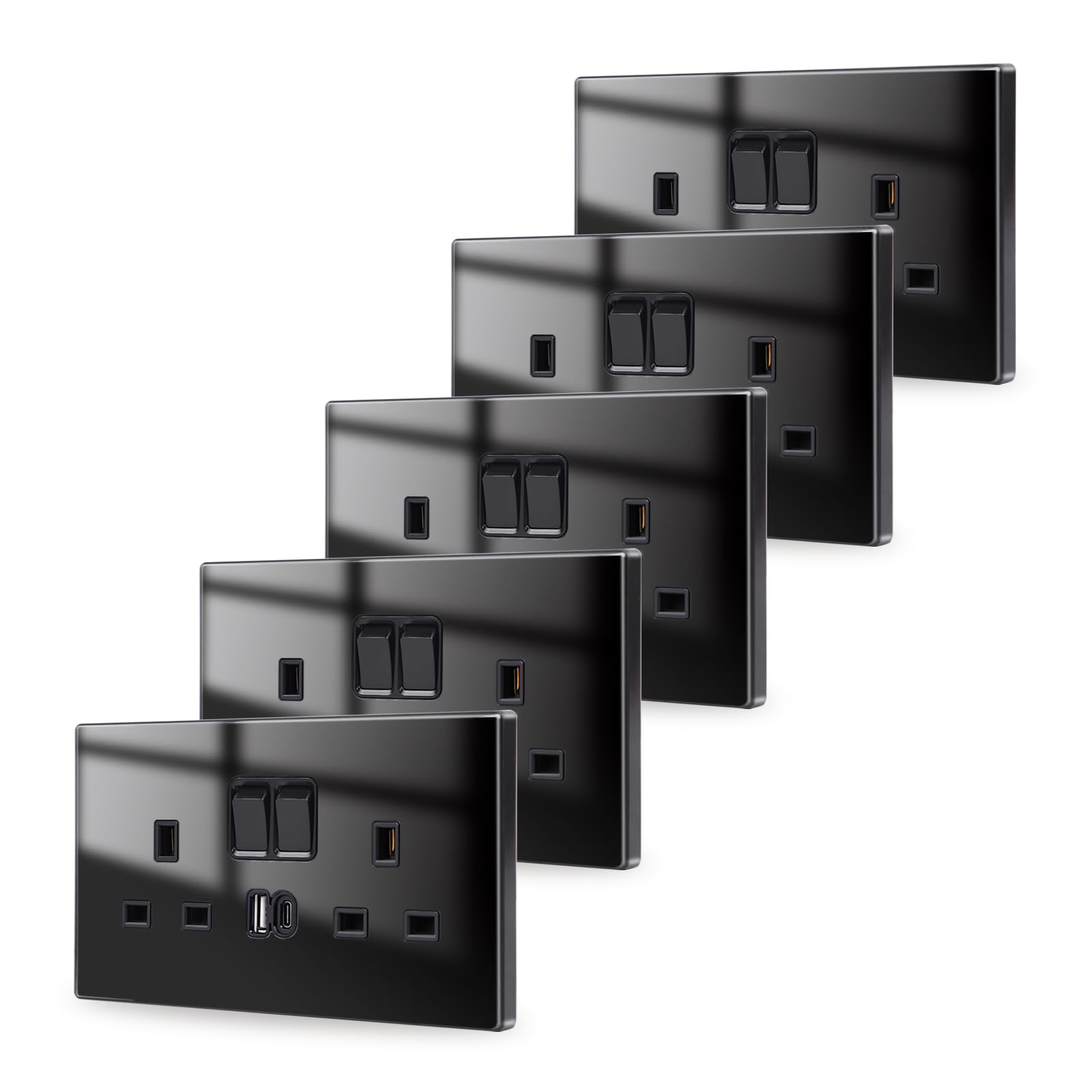 JIMEIDA 5 Pack Black Double Switched Power Socket with USB A and Type C Charging Ports 13 Amp Crystal Glass Panel Wall Outlet Electric Socket โ image 1