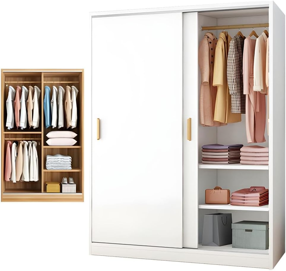 LITFAD Mutil-Functional Wood Wardrobe Modern Storage Armoire Closet with Sliding Doors Freestanding Closet with Shelves and Clothing Rods for Bedroom,White-47 L x 18" W x 71" H