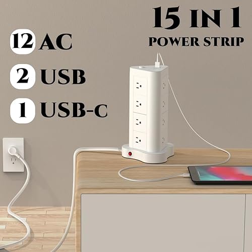 Miniatura 2 de Enchufe plano de 45 en forma de torre de 5 pies con enchufe C tipo 12 AC tira de protección contra sobretensiones