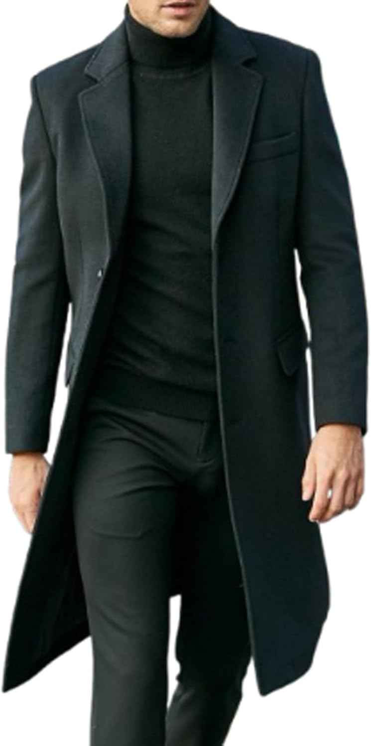 xxxiticat Men's Winter Pea Coat Notched Lapel Single Breasted Quilted Cotton Black Trench Coat Long Overcoat Warm Jacket