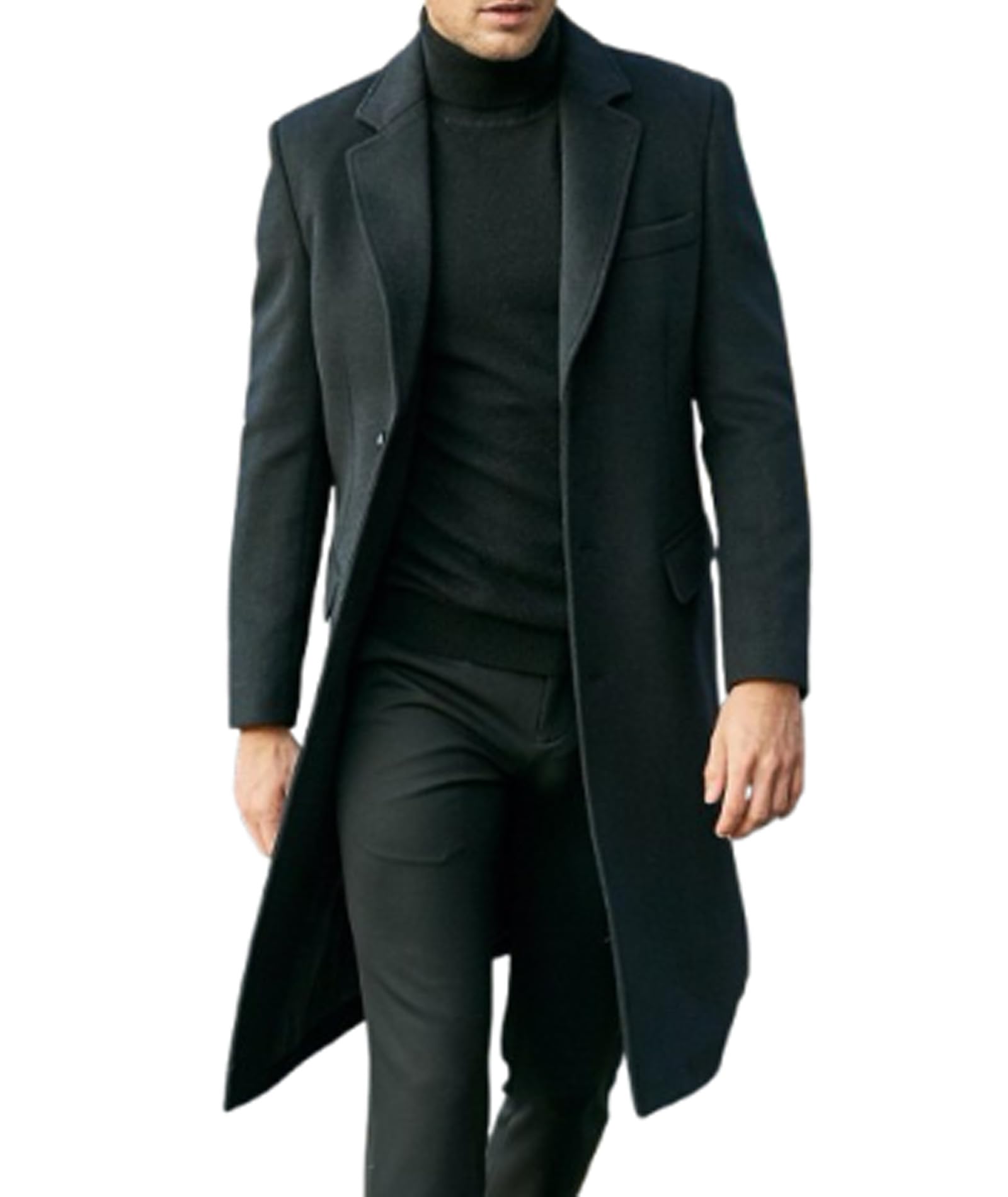 xxxiticat Men's Winter Pea Coat Notched Lapel Single Breasted Quilted Cotton Black Trench Coat Long Overcoat Warm Jacket-picture-10