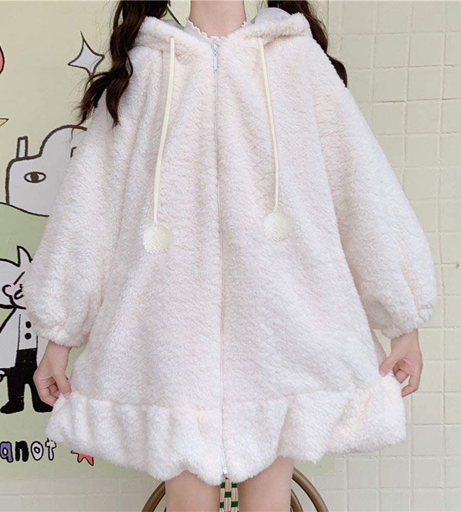 BZB Kawaii Anime Bunny Ear Hoodies For Women Sweet Lovely Fuzzy Fluffy Rabbit Sweater Tops Cosplay Jacket Coats