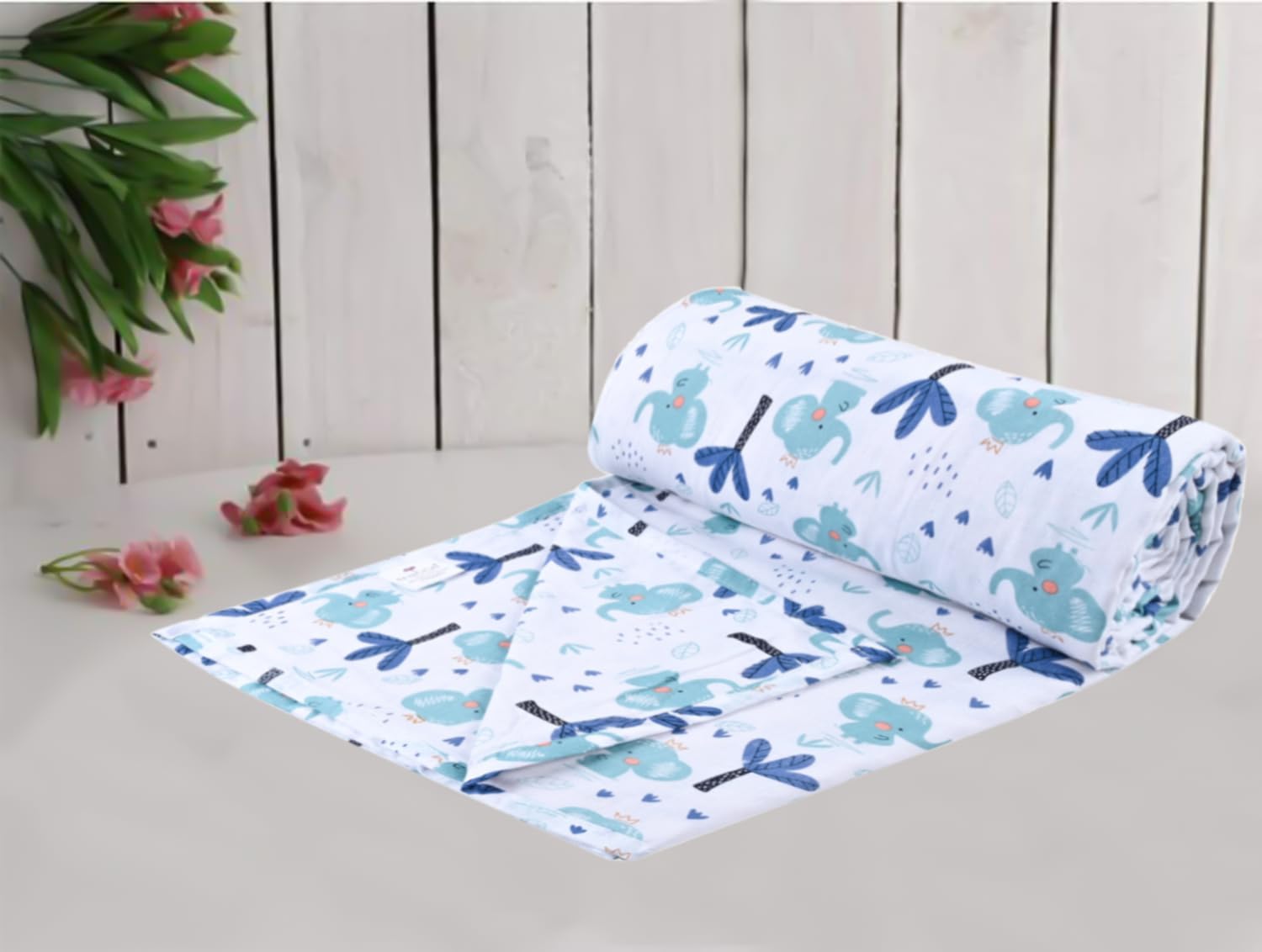Trance Home Linen Pure Cotton Reversible Dohar Toddler Size | Ac Quilt for Babies | Infants - New Born Blanket | Soft Light-Weight Bed Blanket 0-4 Years Kids (140Cm X 100Cm - Blue Elephant,)