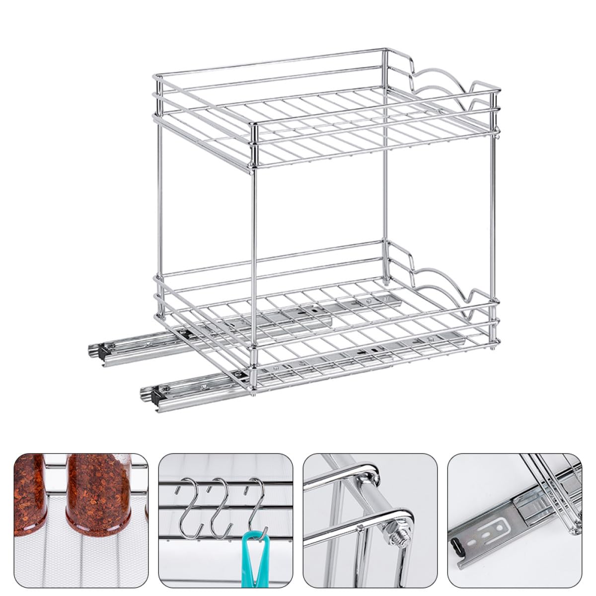 ifundom Estante de Especias Extraíble de Metal Cromado de 9 Pulgadas, Organizador de Condimentos de Doble Capa Desmontable para Cocina, Soporte para Almacenamiento Compacto de Frascos