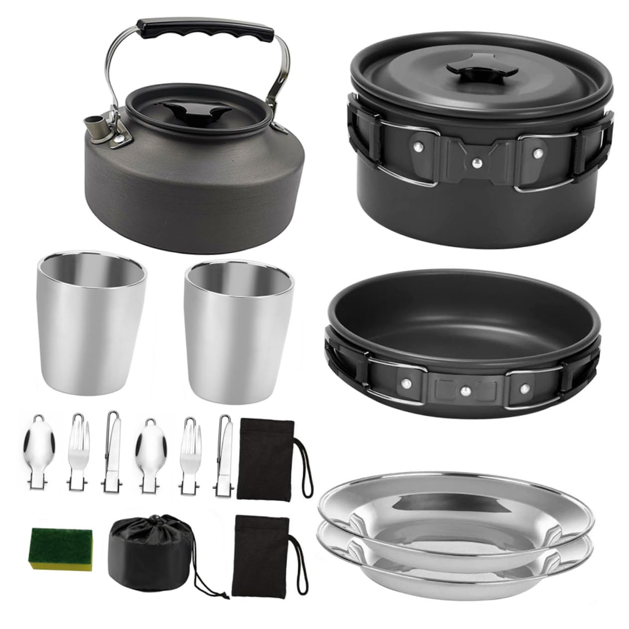 BESTonZON Ensemble Cuisine de Randonnée Noir en Alliage D'aluminium Résistant la Corrosion et Haute Dureté, Vaisselle pour Barbecue Multifonction pour Voyage et Camping