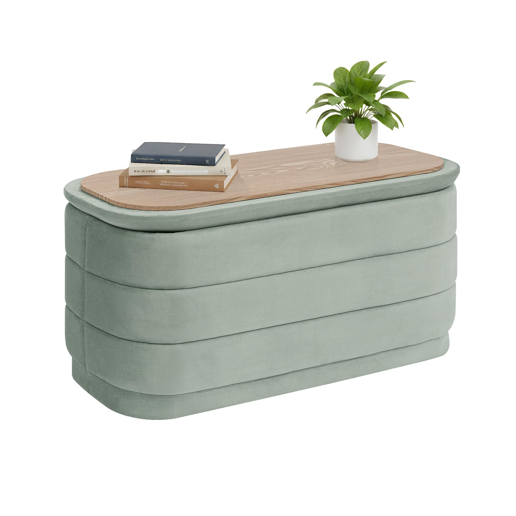 Bonlife Pouf con vano portaoggetti, poggiapiedi pieghevole con tavolo, poggiapiedi, poggiapiedi per soggiorno, camera da letto, corridoio, in velluto color salvia,76x38x38 cm