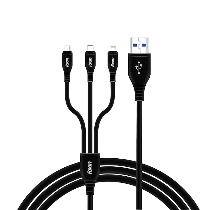 Foxin MAC11 Fast Charging3 in 1 Multipurpose 1.2 Meters long 2.4A Cable Compatible with IOS/Android, Micro and Type-C devices, BIS certified, Made in India, 180 days warranty | Black at Rs. 150
