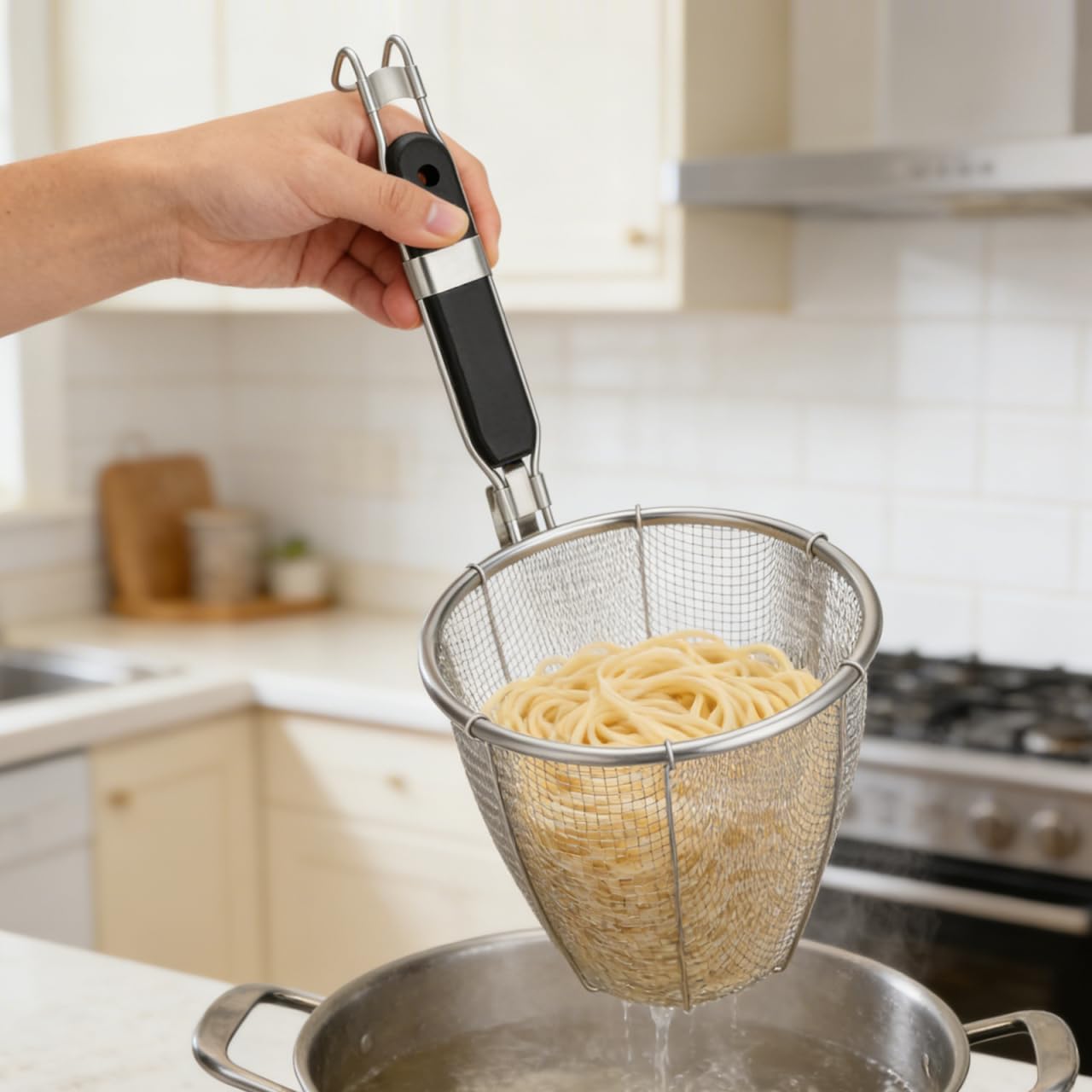 Noodle Strainer Basket with Handle Wire Mesh Food Skimmer for Dumplings Pasta Ramen Deep Basket Design Long Hooked Handle 13.38 X 5.51 X 5.51 in Kitchen Sieve