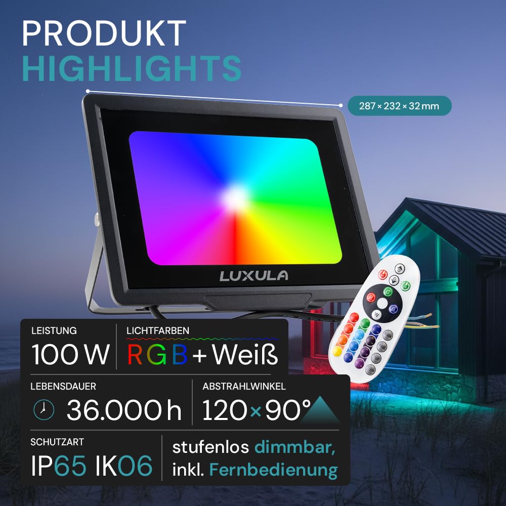 LUXULA 2 Stück RGB LED Strahler Fluter Außen 100W Dimmbar mit Fernbedienung - IP65 Außenleuchte Bunt Flutlichtstrahler Garten Party Outdoor