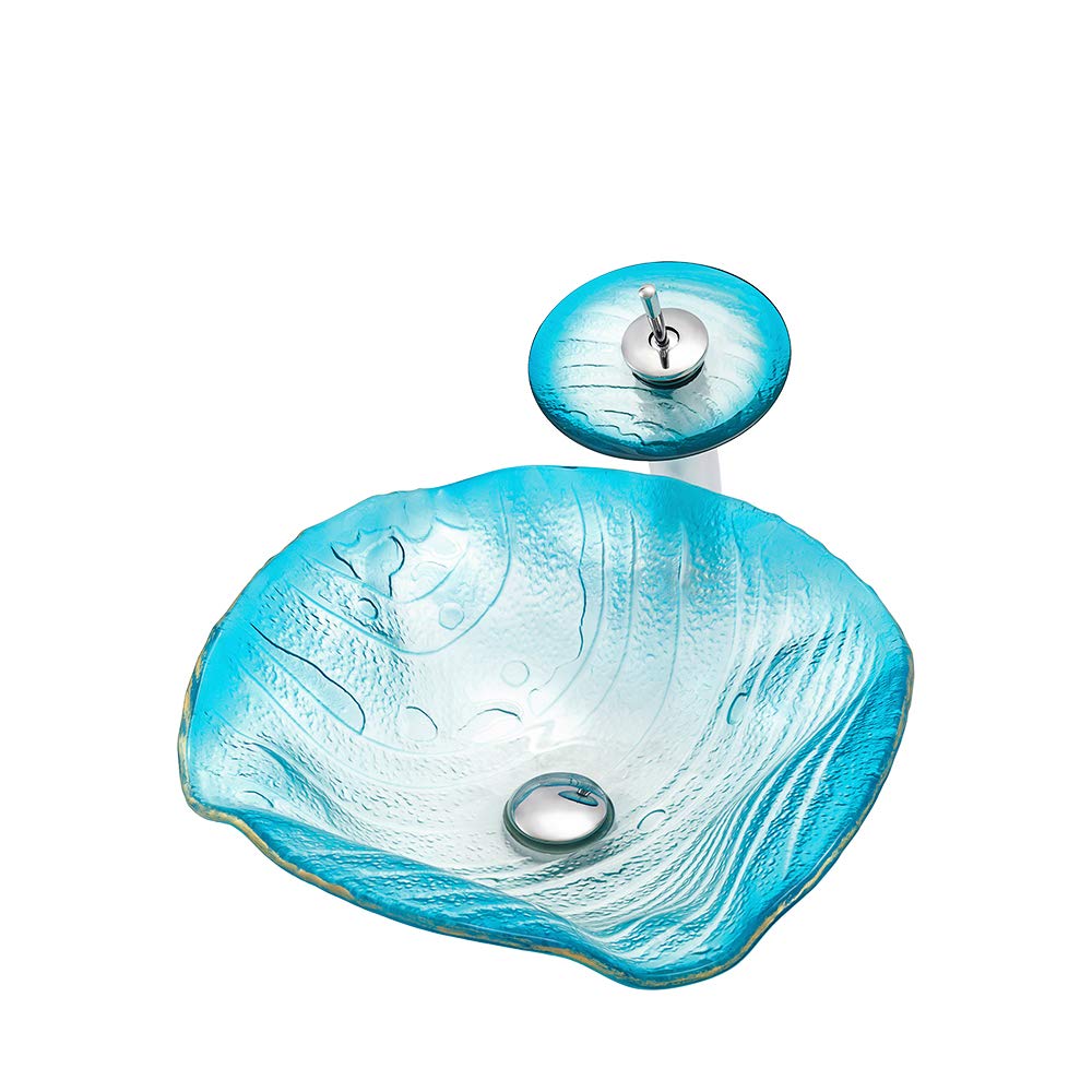 Aioneer Sink Bathroom, Tempered Glass Bathroom Vessel Sink Bowl, Art Basin With Faucet And Pop Up Drain Combo-Blue
