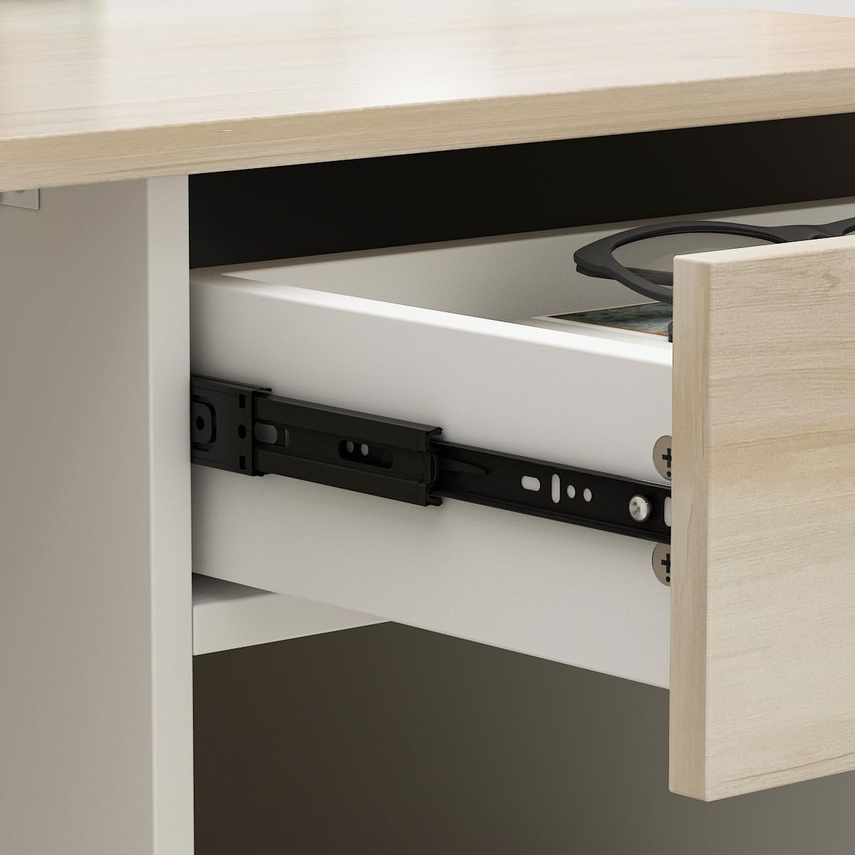 Mesa de recepción, mesa de recepción, mostrador de recepción con compartimentos abiertos, mostradores de recepción con 1 cajón y 1 armario, muebles de oficina, color madera y blanco, 140 X 60