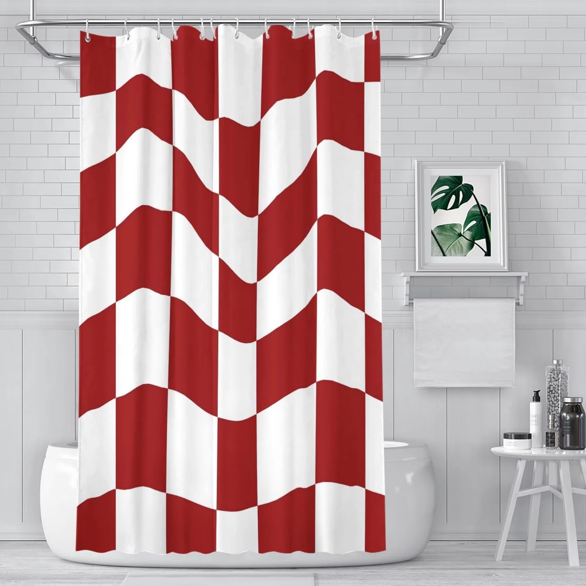 KELAIMI Red White Wavy Checkered Shower Curtains,Farmhouse Retro Geometric Polyester Bathroom Curtain - Waterproof Fabric Bathtub Curtain with Hooks Red 90X180Cm