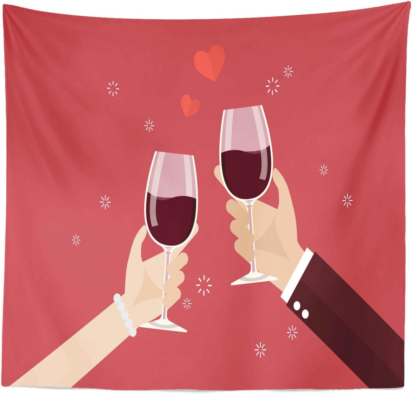 Lunarable Valentines Day Tapestry, Man and Woman Toasting Wine Glasses Anniversary Celebration, Fabric Wall Hanging Decor for Bedroom Living Room Dorm, 23" X 28", Dark Coral Cream