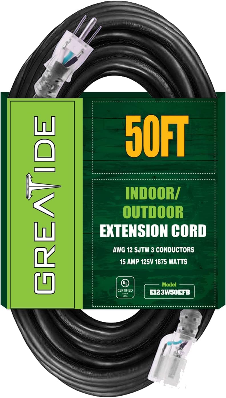 GREATIDE 50 Ft Lighted Outdoor Extension Cord 12/3 SJTW Heavy Duty