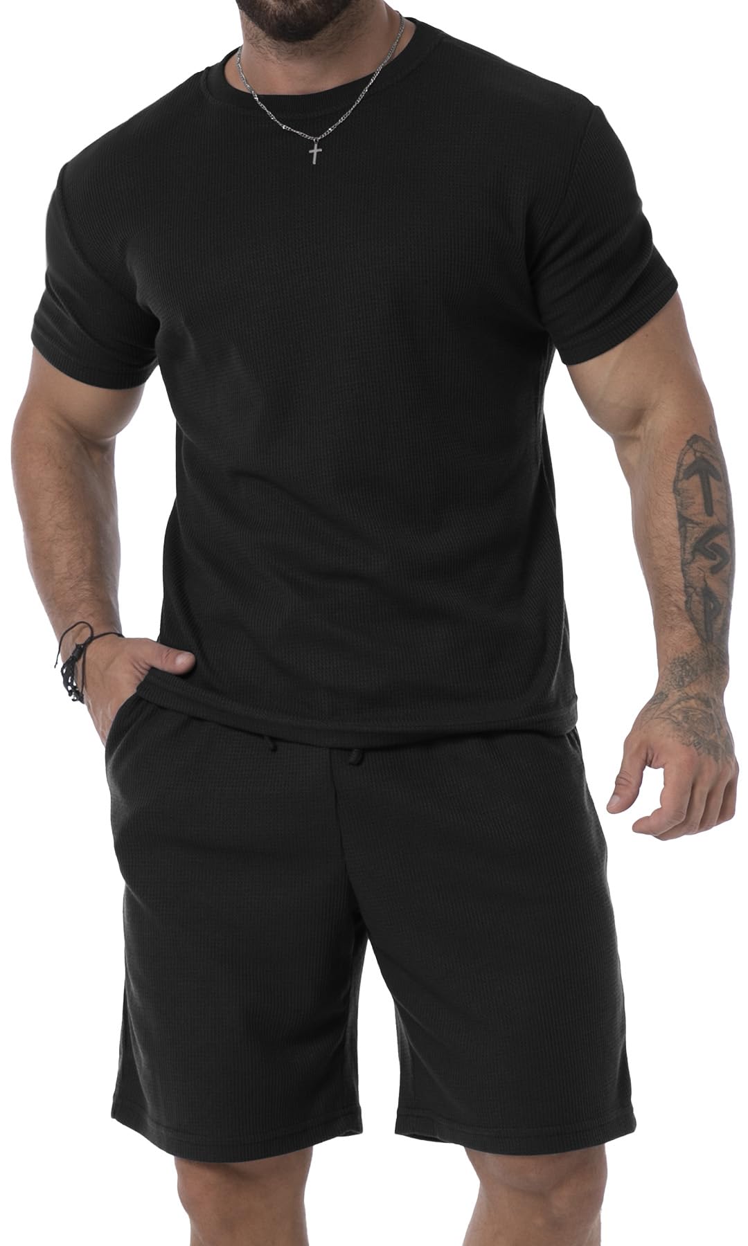 KUYIGO Sommer Herren-Shorts und Hemd 2-teilig lässiger Anzug atmungsaktiv lockeres T-Shirt