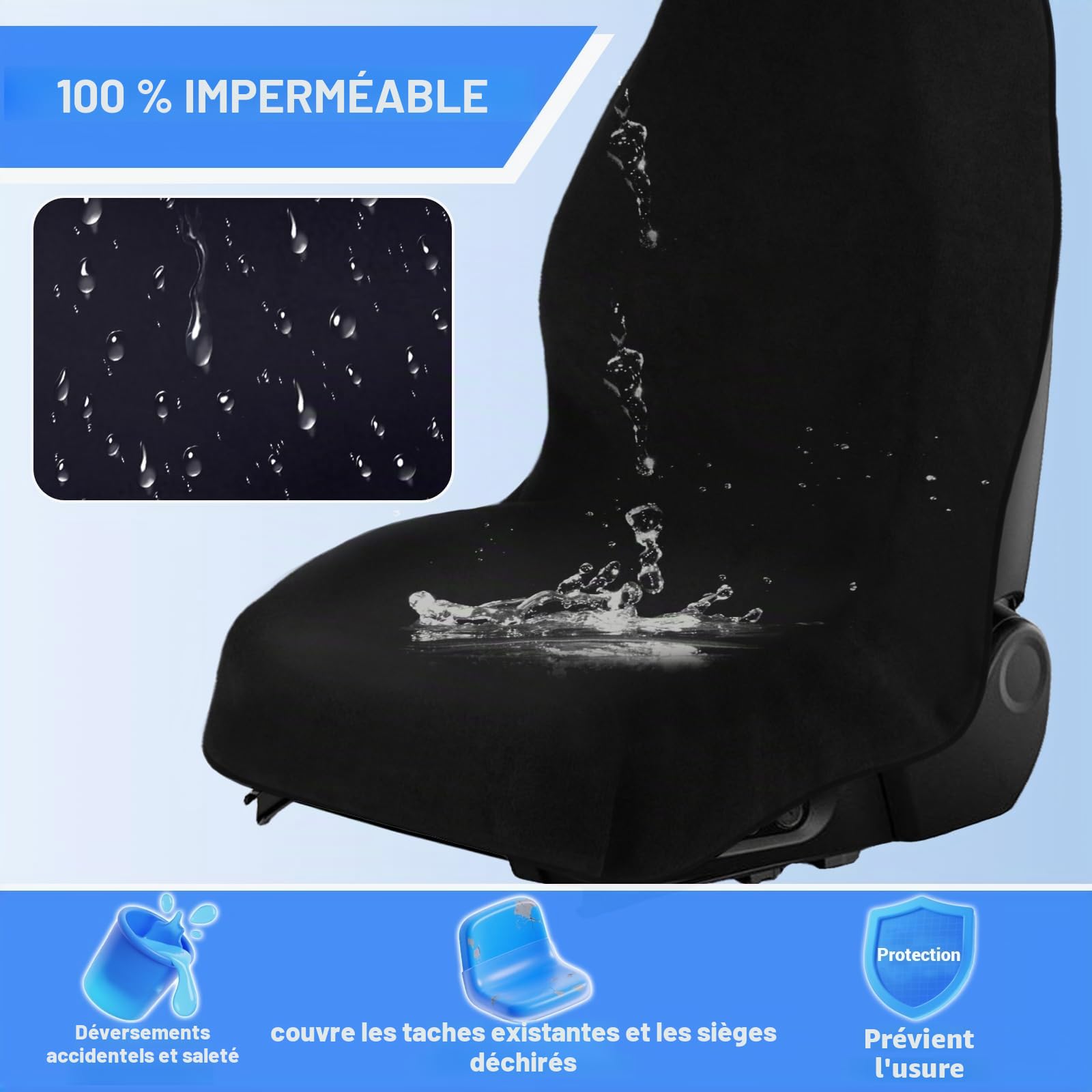 Housse imperméable pour siège de Voiture - Résistante à la Transpiration et Durable - Lavable en Machine - pour Les athlètes - Convient à Divers véhicules (Noir, 1pcs)
