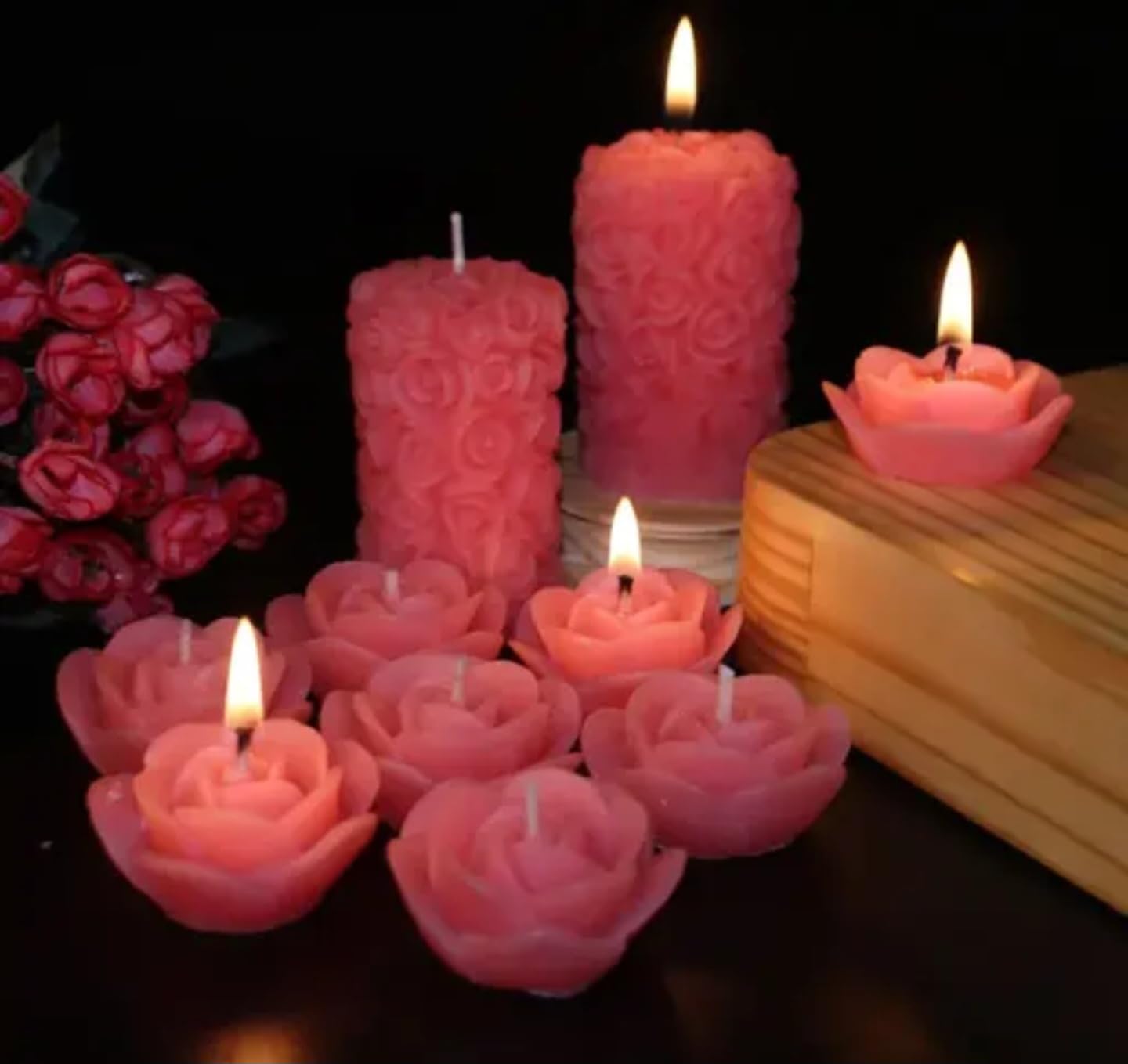 Decorative Rose-Shaped Candle Set, Pink Pillar and Floating Candles, 8 Pieces