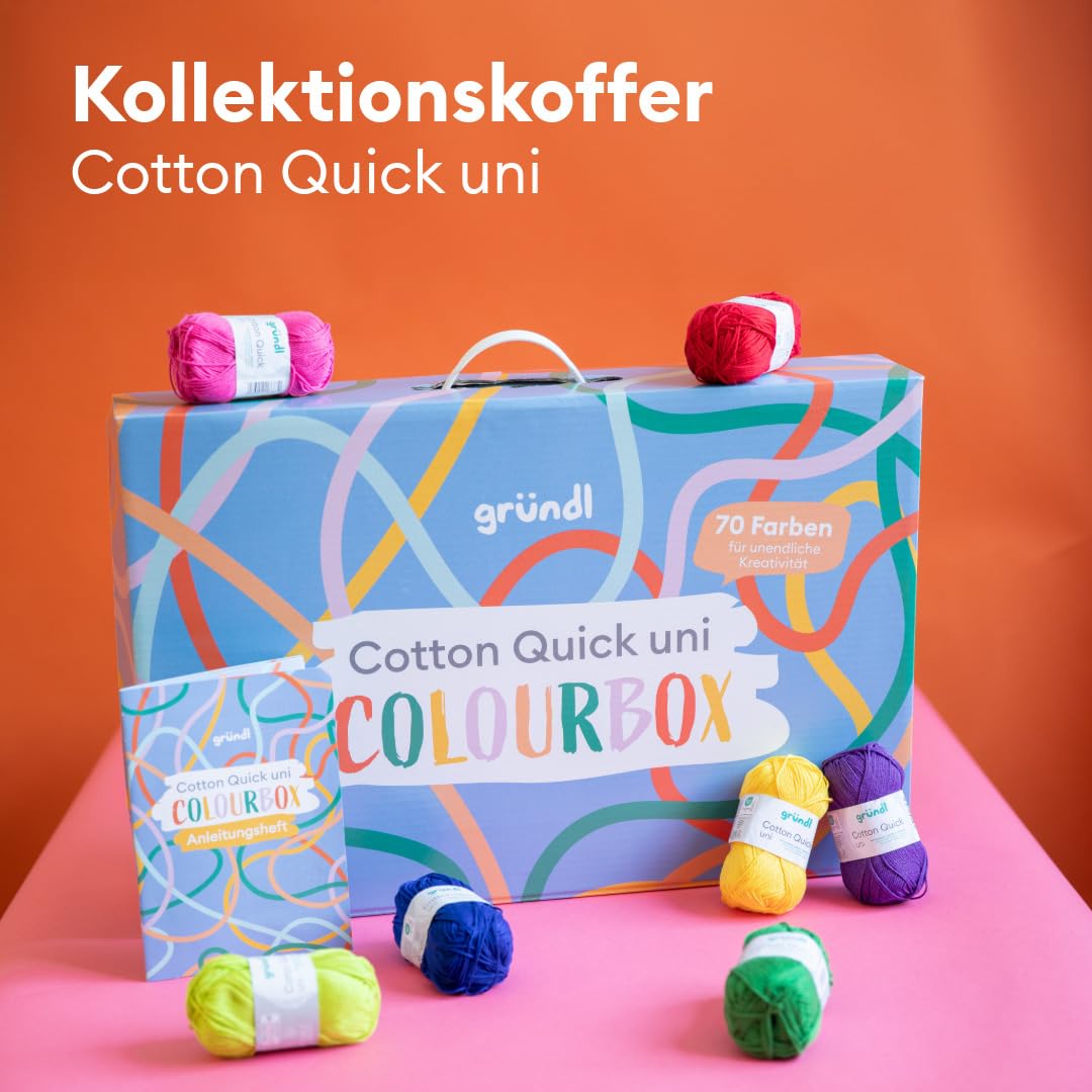 Gründl Wełna Cotton Quick uni walizka w 70 kolorach z instrukcją (może nie być dostępna w języku polskim) – cienka wełna do szydełkowania – przędza do robienia na drutach – błyszcząca i przyjazna dla