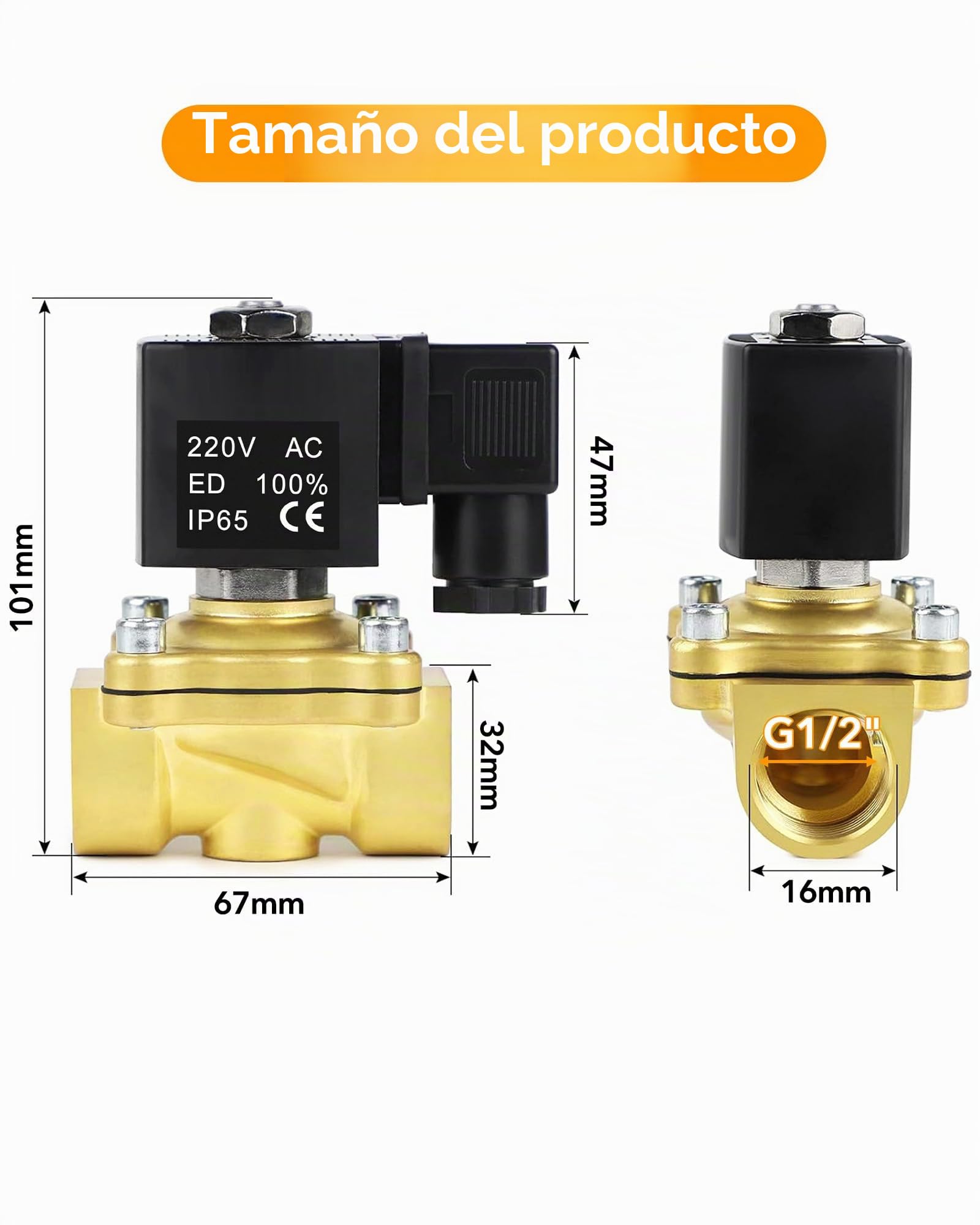 Electroválvula de Latón: 1/2" Válvula Electromagnética Válvula Solenoide Eléctrica Latón Normalmente Cerrado Solenoid para Agua Aire y Aceite