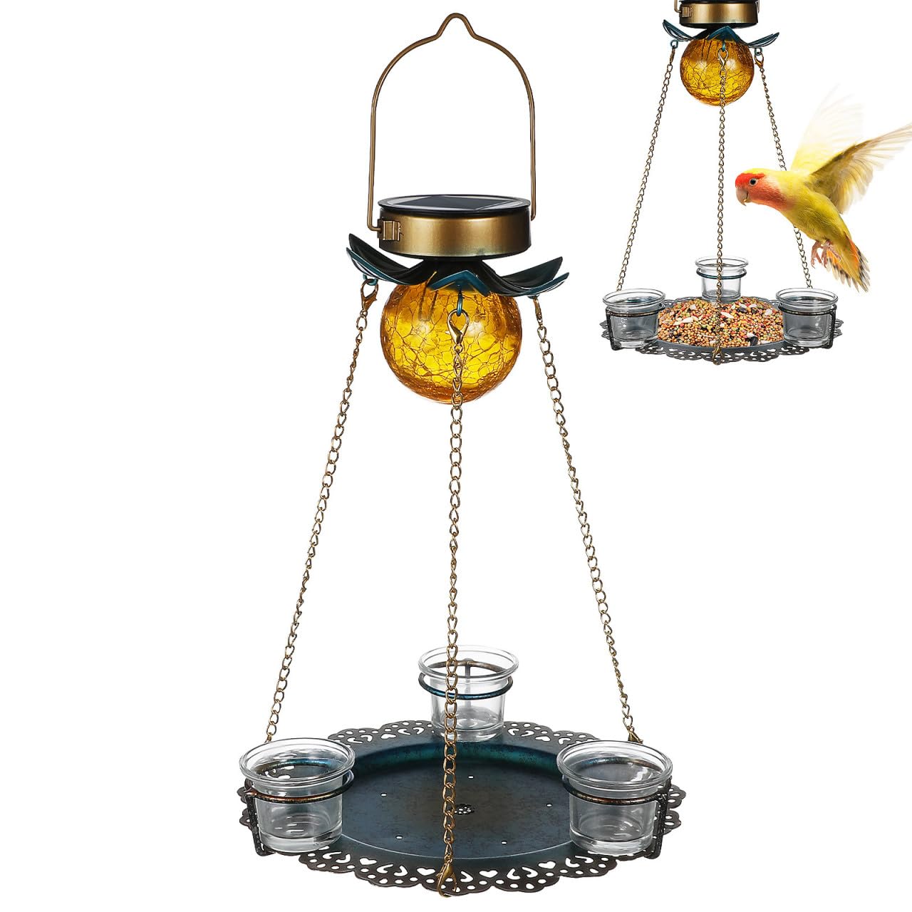 LALAFINA Mangiatoia per Uccelli da Esterno con Alimentazione Solare e Vassoio in Ferro Resistente alle Intemperie Stile Vintage per Giardino e Patio
