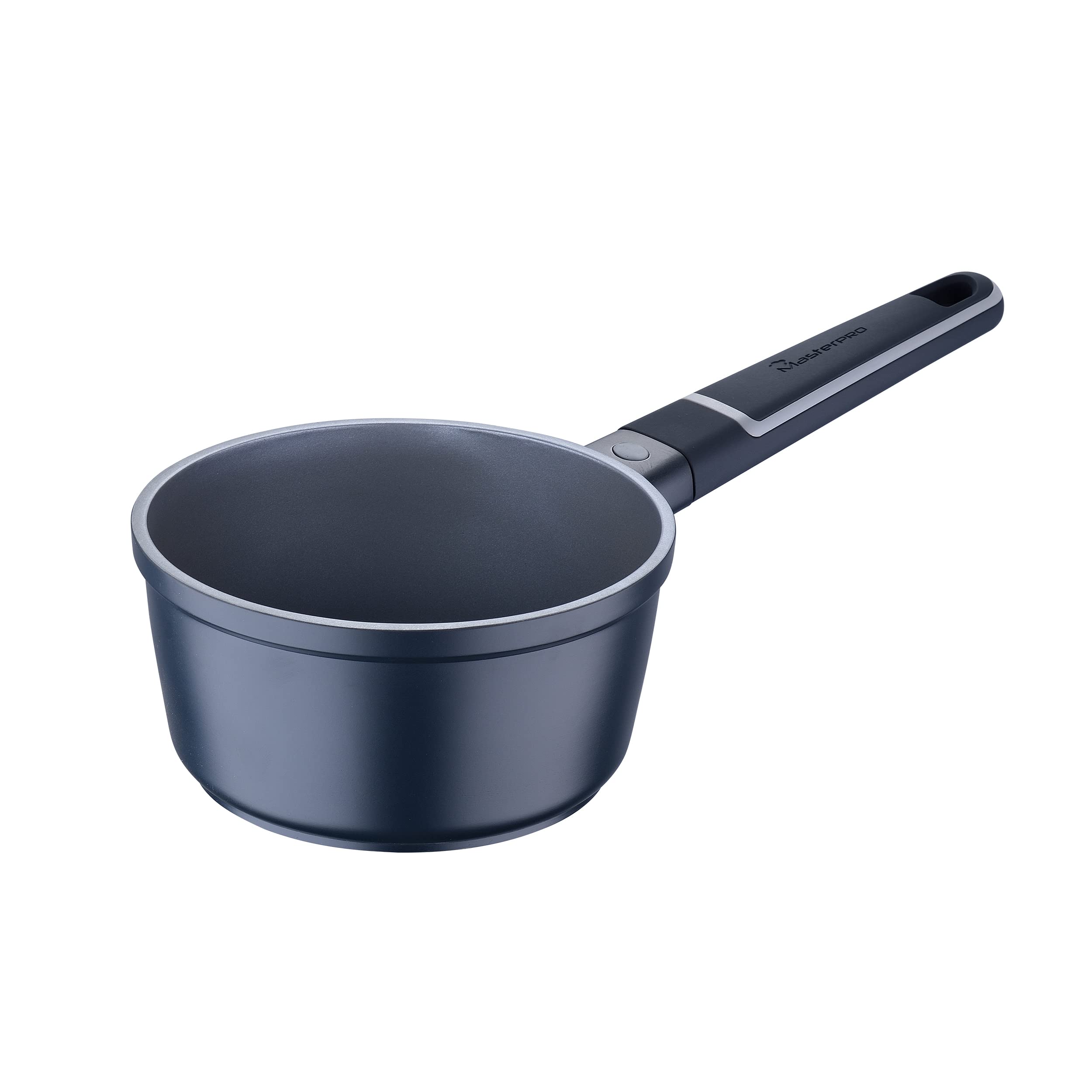 MasterPRO Indygo garnek kuchenny o średnicy 16 cm i wysokości 8,5 cm z pokrywką, wykonany ze stopionego aluminium, powłoka antytrasowa, do wszystkich rodzajów kuchni