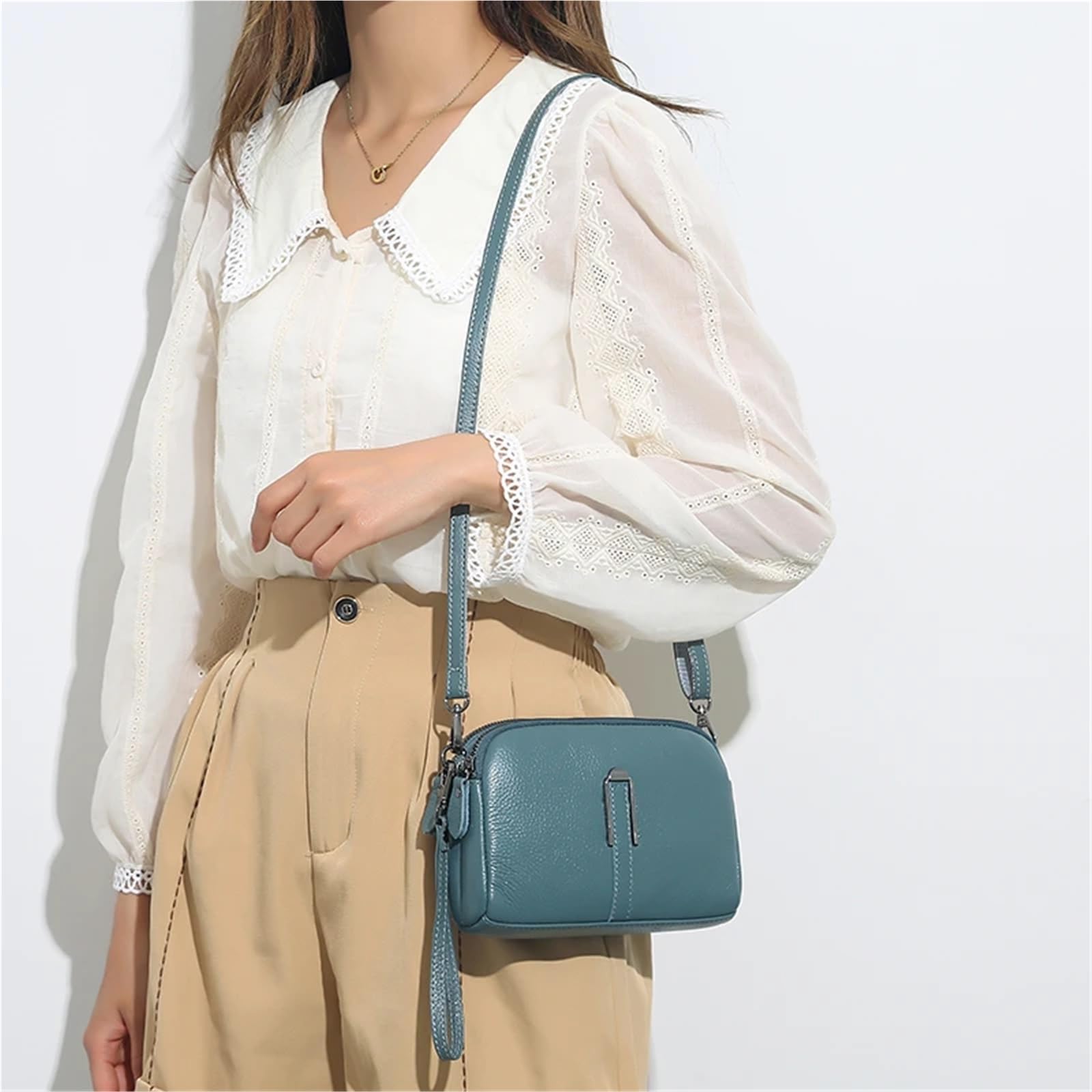 Bolso de Cuero Genuino for Mujer, Bandolera for Mujer, Bolso de Mano de Color sólido for teléfono, Bolso de Hombro, Bolso de Mensajero Adecuado para Viajar, Fiesta, Trabajo(Brown)