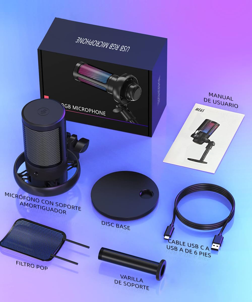 Microfono da gioco TAIMEI, microfono RGB per PC con cancellazione del rumore e silenzio, per streaming, giochi, podcast, YouTube, TikTok, computer, cellulare
