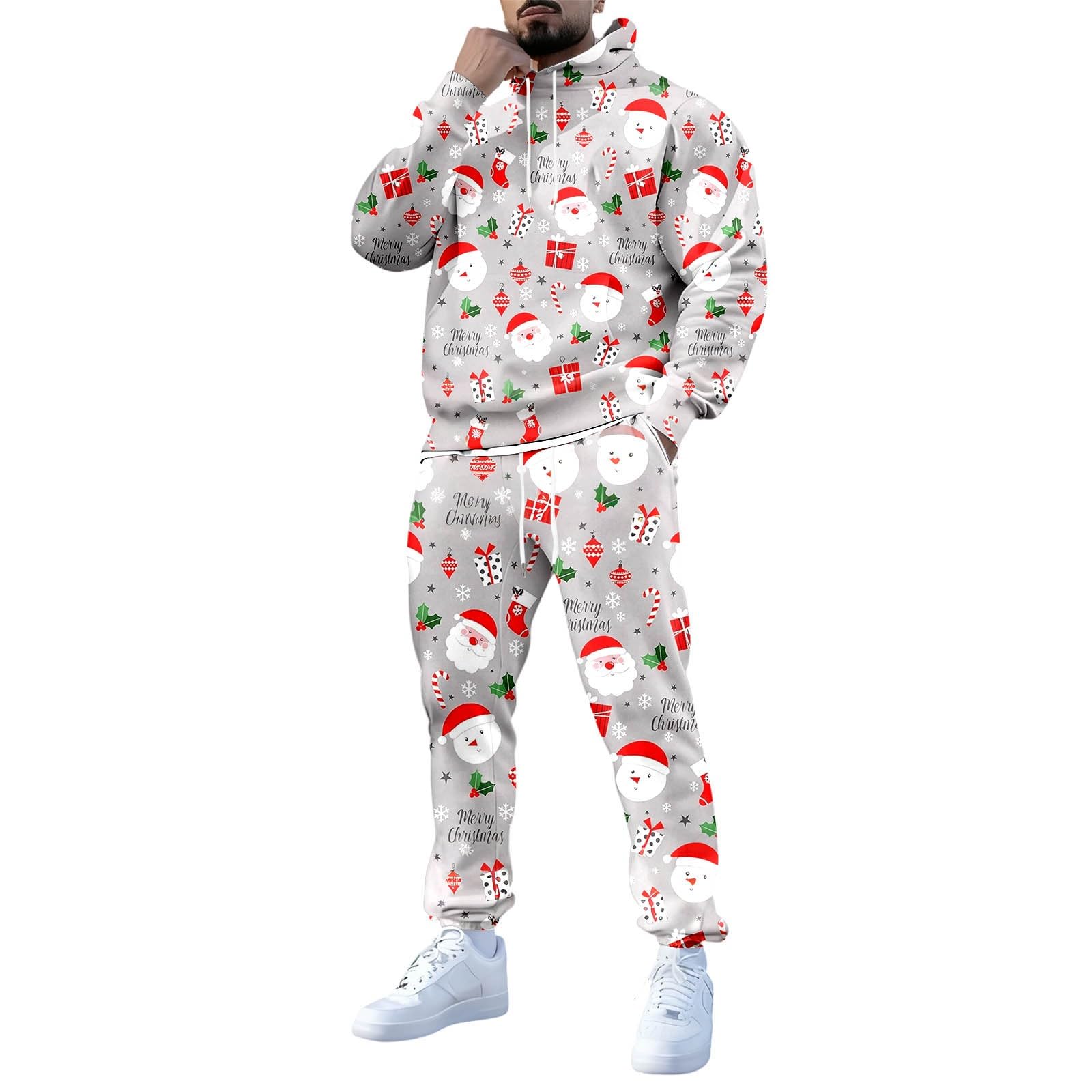 Generisch Tuta natalizia da uomo, per jogging, Natale, set di tute da allenamento, 2 pezzi, stampa 3D, divertente abbigliamento natalizio con felpa in pile + pantaloni da jogging