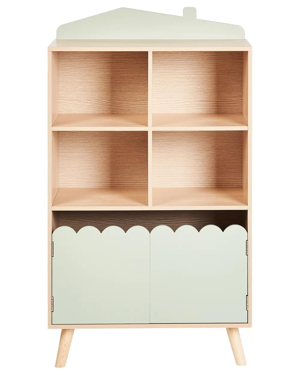Kinderregal Kinderzimmer, Bücherregal Kinder im Hausdesign mit 4 Fächern und 2 Türen, Spielzeugregal Aufbewahrungsregal aus MDF und Kiefernholz, Kinder Möbel für Bücher Spielzeug und Dekoration