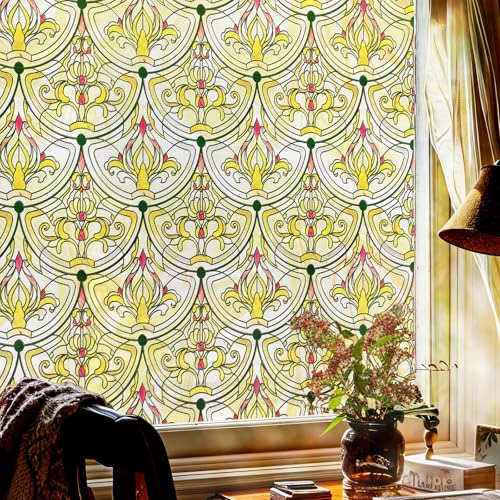3D Stained Glass Window Film, Decorative Window Privacy Film for Bathroom,Front Door,Home, Sun Blocking Heat Control,Static Cling, Golden Ironwork 17.5inch x 47.24inch
