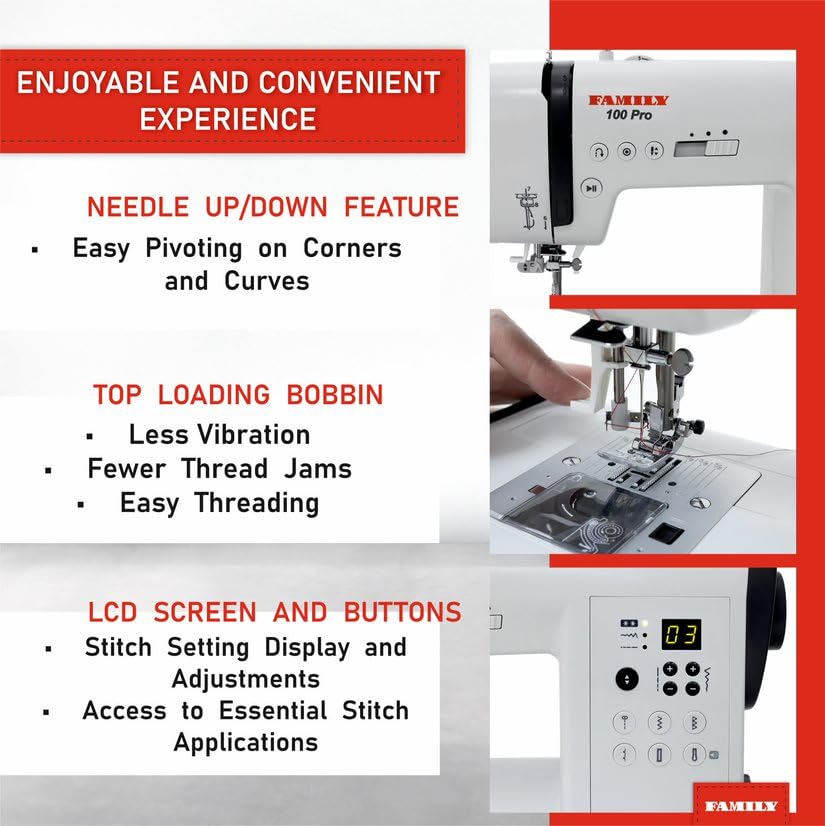 FAMILY 100 PRO|Computerized Easy-To-Use Sewing Machine with Top Loading Bobbin (Horizontal Rotary Hook), 163 Stitch Apllications, 80 Built-in Stitches, Accessory Kit and Foot Pedal, Extension Table