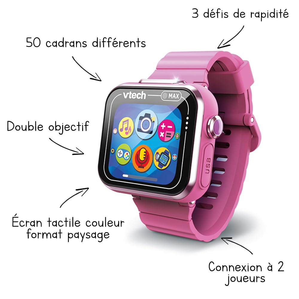 VTech - KidiZoom SmartWatch Max Rose, Montre Digitale Enfant, Photo, Selfie, Vidéo, Écran Tactile Horizontal, Jouet High-Tech, Cadeau Enfant et Ado de 5 Ans à 14 Ans - Contenu en Français