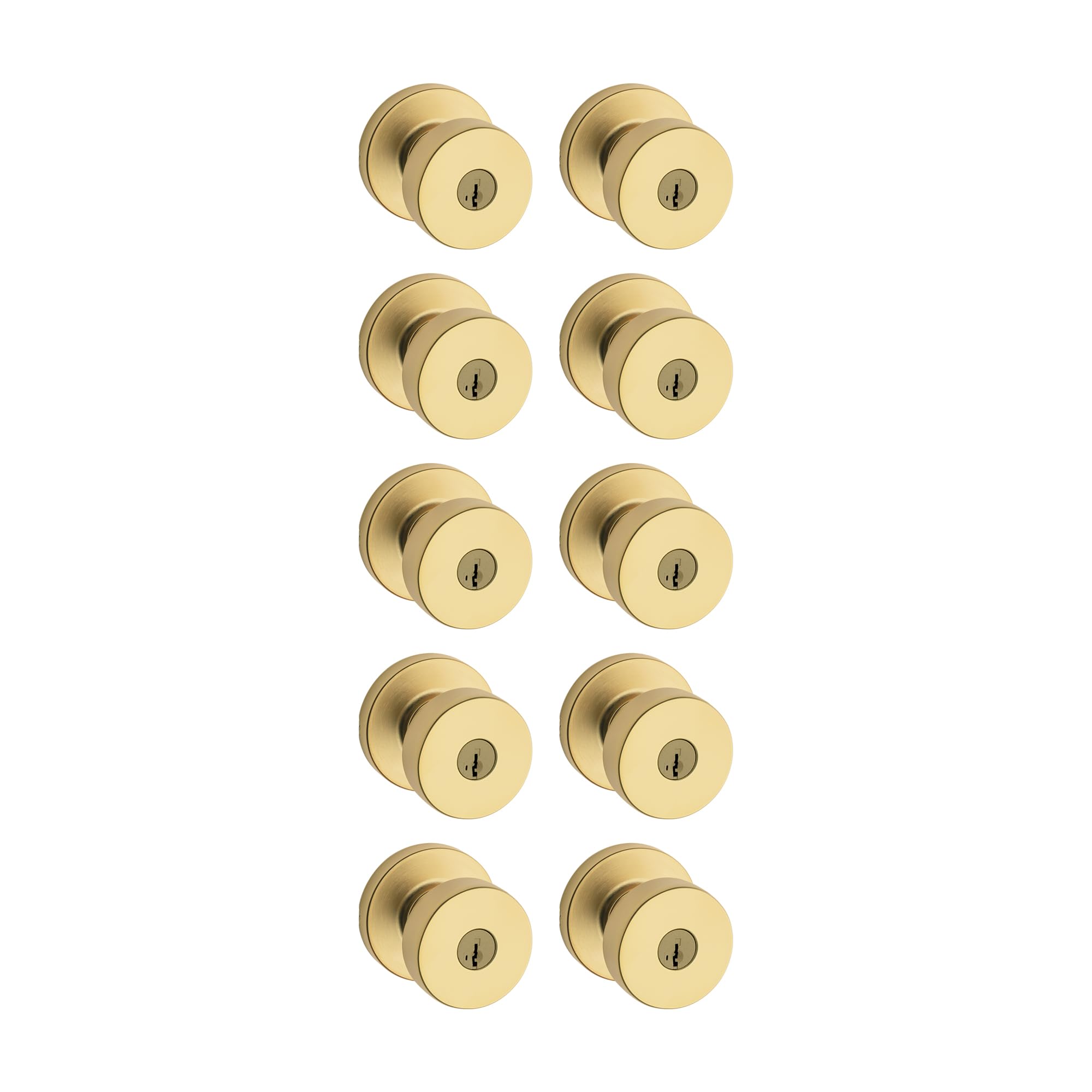 Kwikset Pismo Entry Door Knob with Lock and Key, Secure Keyed Handle Exterior, Front Entrance and Bedroom, Satin Brass, 10 Pack, Pick Resistant SmartKey Rekey Security